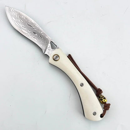 Higonokami Damascus Steel Folding Knife - Bone Handle Camping & Slicing Tool