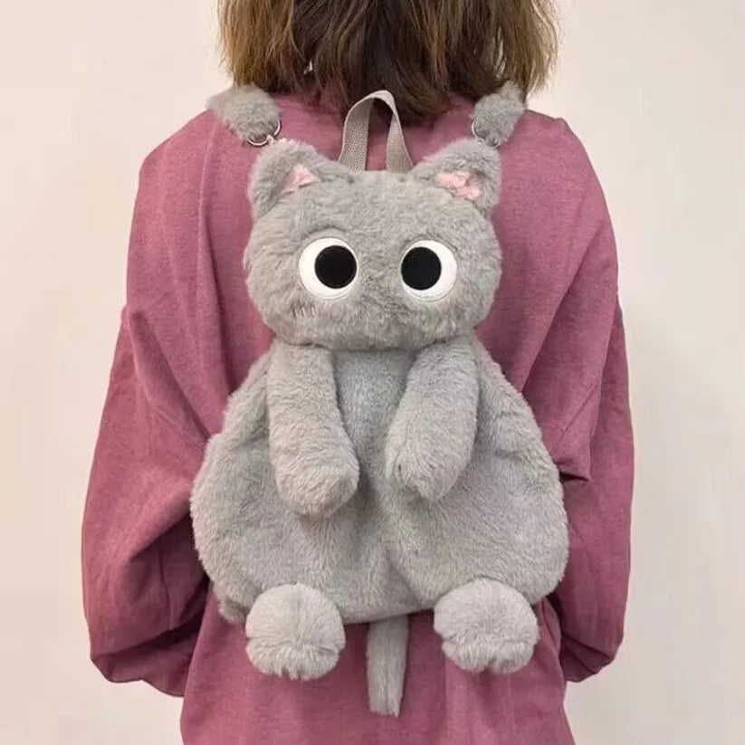 40cm Kawaii Big Eyes Cat Plush Backpack - Cute Large-Capacity Stuffed Animal Bag for Kids & Adults