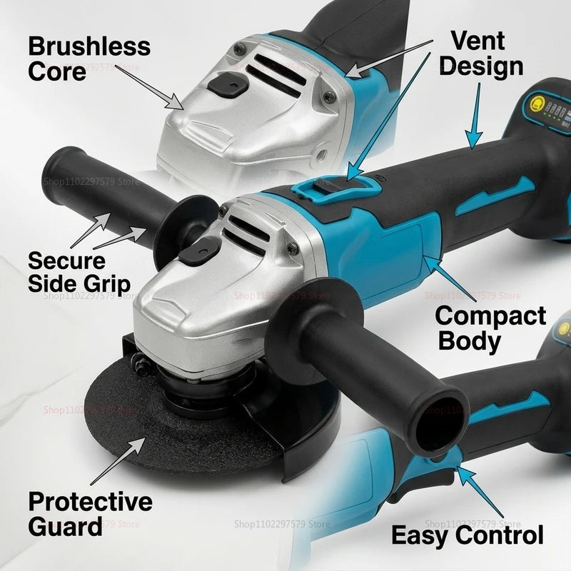 Cordless Brushless Angle Grinder - Electric Power Tool for Cutting & Polishing Metal, Stone & Wood