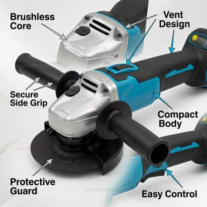 Cordless Brushless Angle Grinder - Electric Power Tool for Cutting & Polishing Metal, Stone & Wood