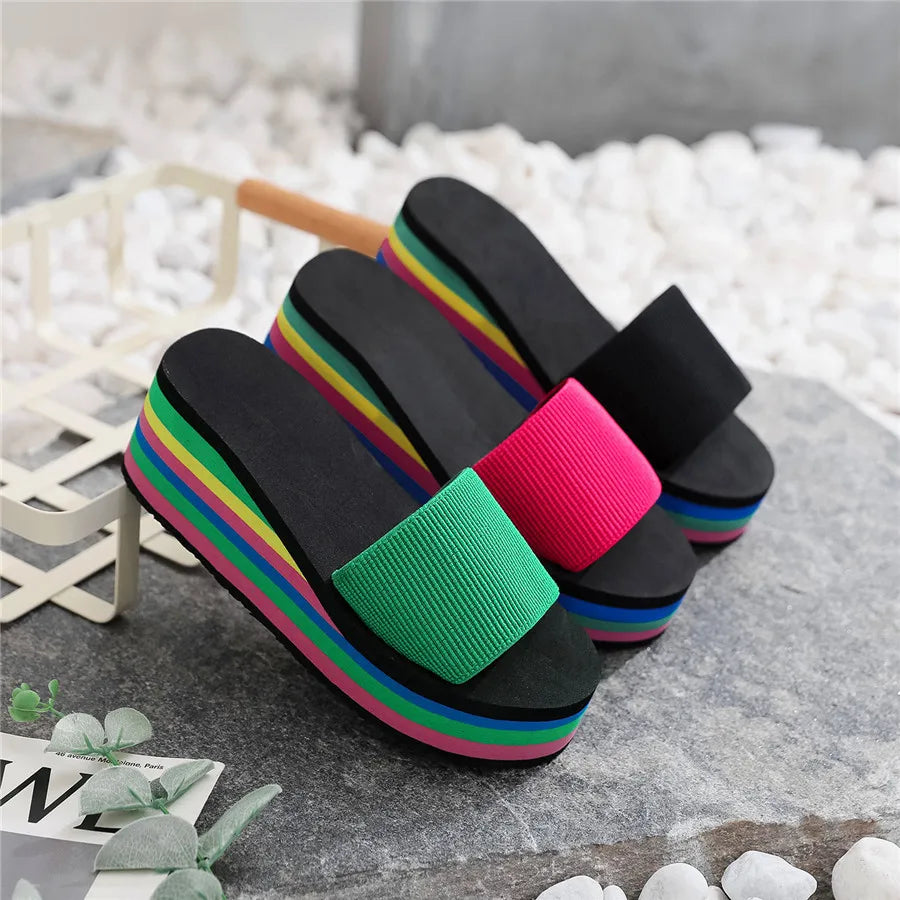 Summer Women’s Rainbow Bohemian Clip Toe Flip Flops – Non-Slip Wedge Beach Sandals