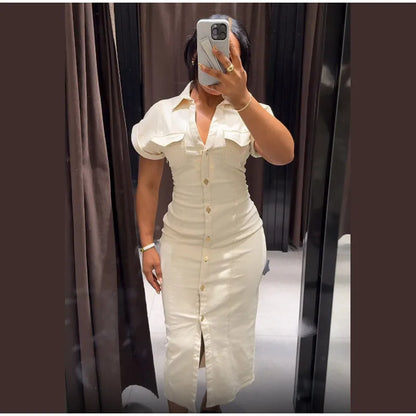 Women’s Chic White Denim Dress – Casual Lapel Long Slim Maxi, Single-Breasted Short Sleeve Summer Dress