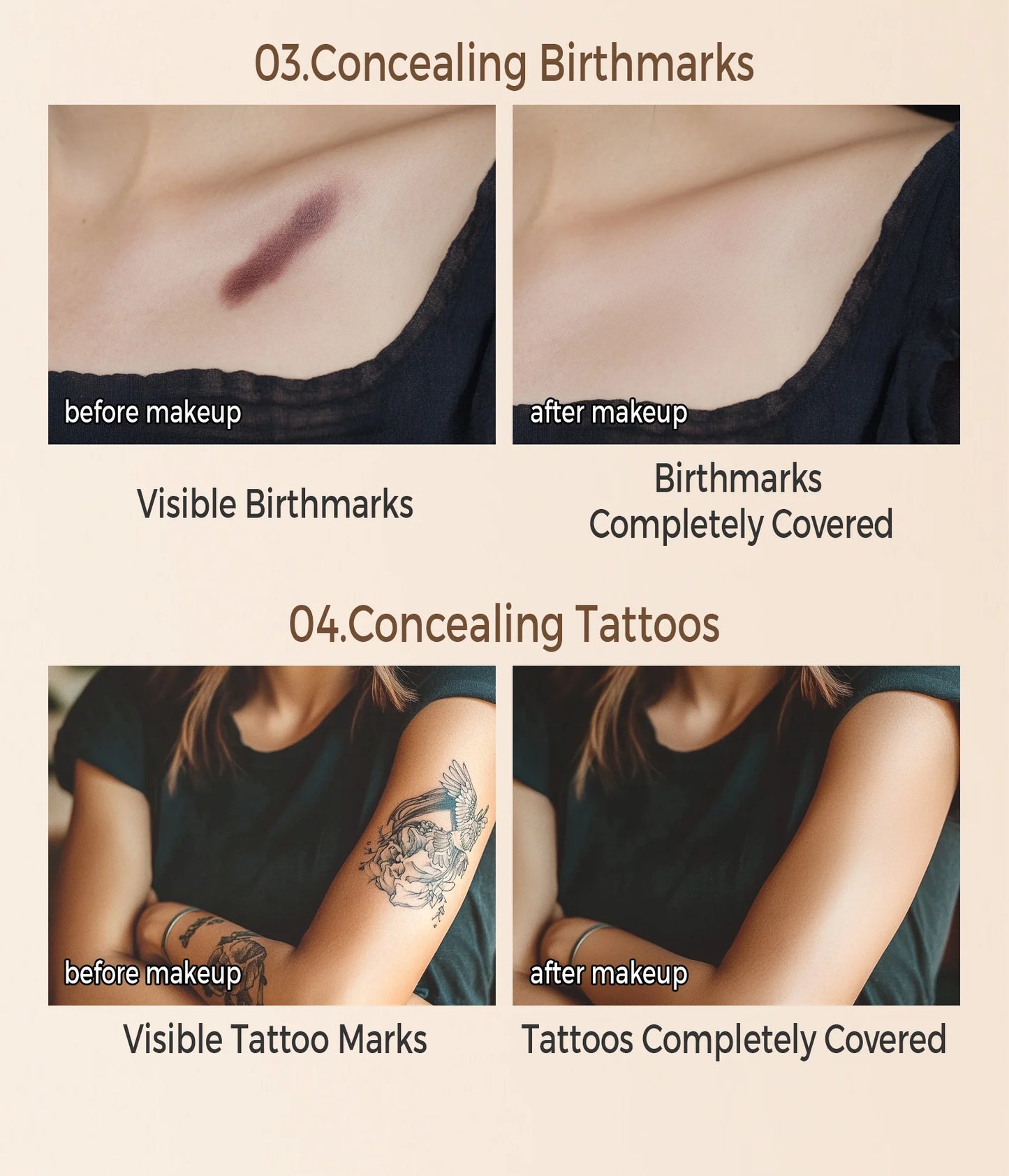 Waterproof Full-Coverage Concealer — Natural Finish Foundation for Tattoos, Scars, All Skin Tones & Types