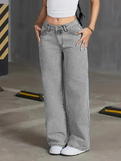 Women’s Autumn High-Waisted Wide-Leg Jeans – Light Grey Washed Loose-Fit Casual Denim Pants