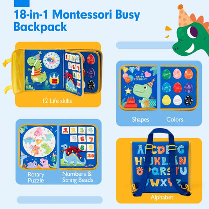 Toddler Montessori Busy Board – Dinosaur Dress-Up, Learning & Sensory Activities, Travel Toy & Life Skills Backpack