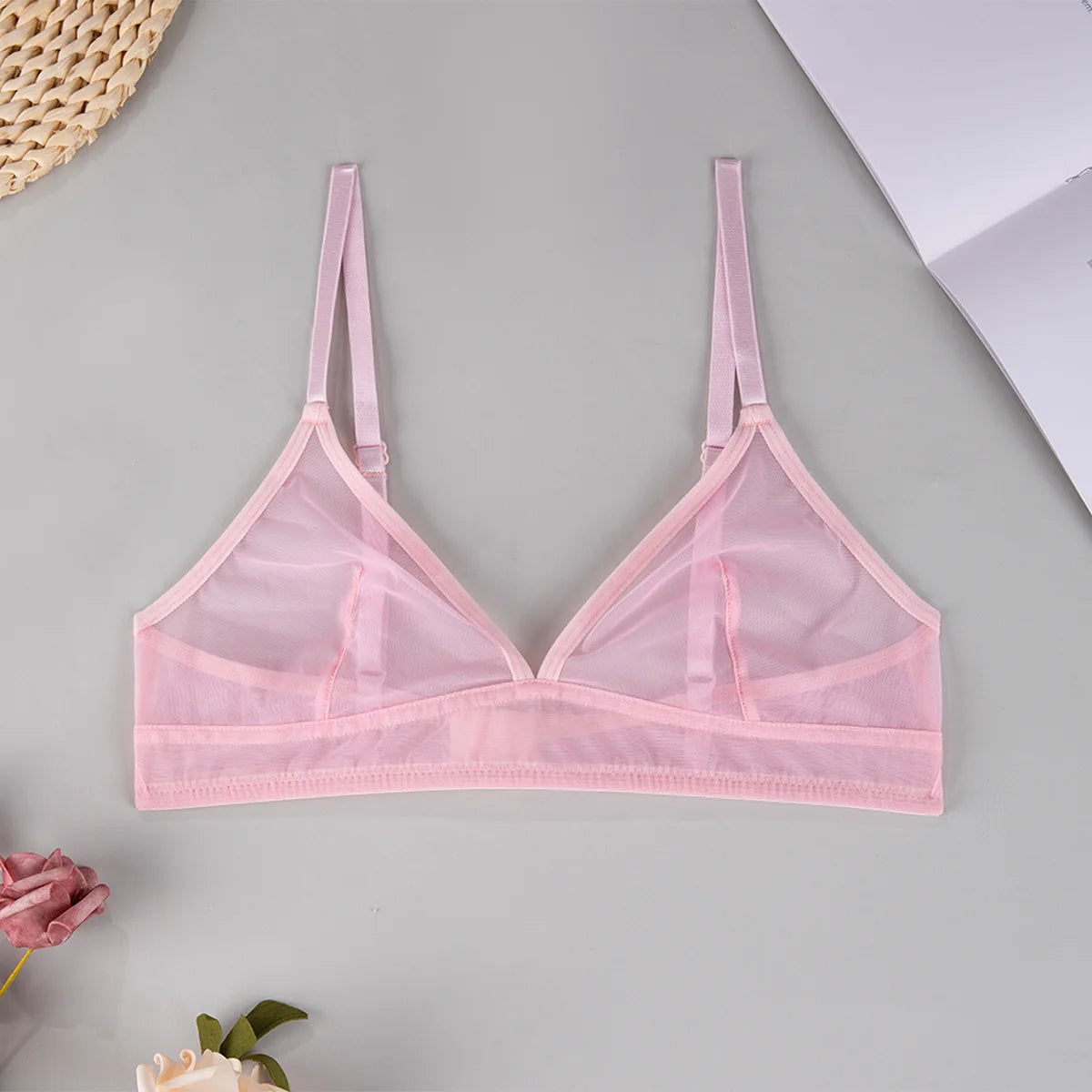 Sheer Mesh Triangle Bra Set - Ultra-Thin Transparent Lingerie with Double Shoulder Straps