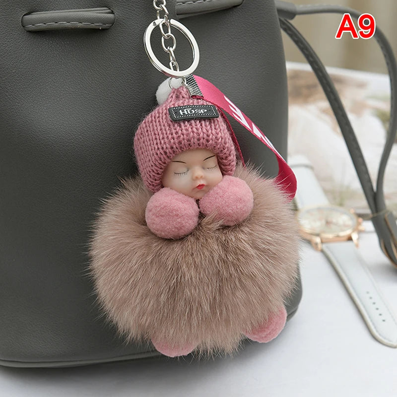 Pompom Sleeping Baby Keychain - Fluffy Plush Doll Keyring for Bags, Cars & Gift Decoration