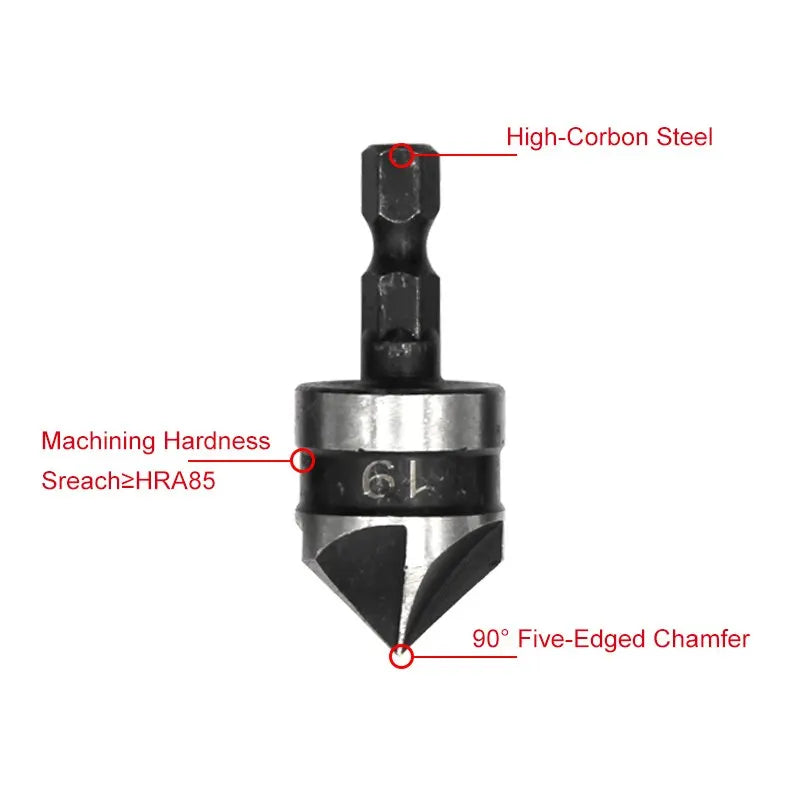 3PCS Hex Shank 90° Chamfer Drill Bit Set – 5-Blade Countersink Tool Kit 12/16/19mm for Woodworking Hole Opening