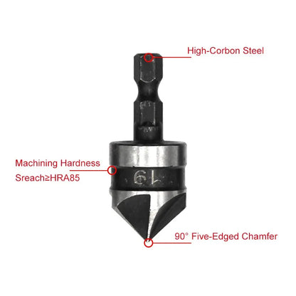 3PCS Hex Shank 90° Chamfer Drill Bit Set – 5-Blade Countersink Tool Kit 12/16/19mm for Woodworking Hole Opening