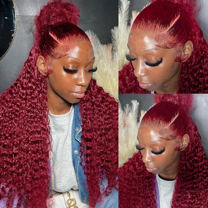 99J Burgundy Deep Wave Lace Front Wig – High Density Curly Red 13x6 HD Transparent Frontal Human Hair