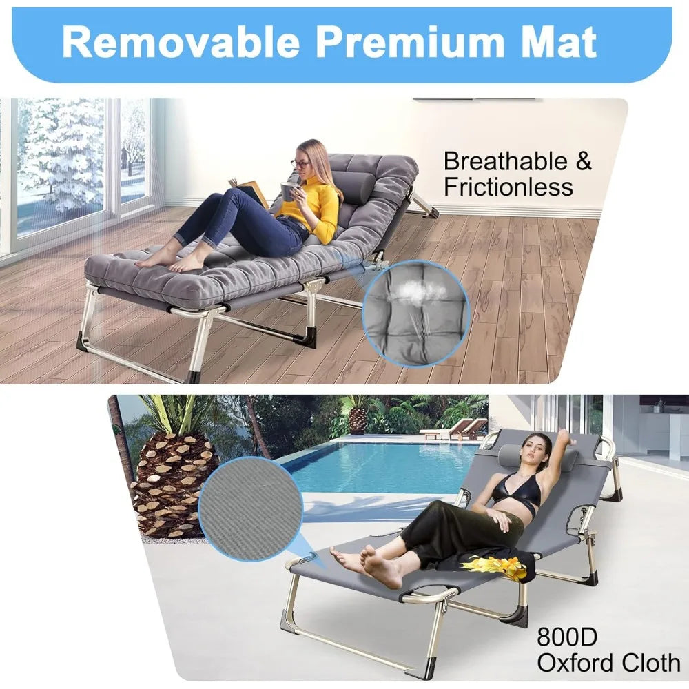Portable Folding Camping Cot – Reclining Lounge Chair with Pillow & Mattress, 500lb Capacity for Adults