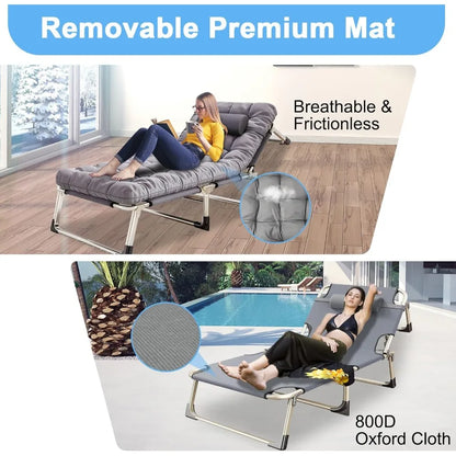 Portable Folding Camping Cot – Reclining Lounge Chair with Pillow & Mattress, 500lb Capacity for Adults