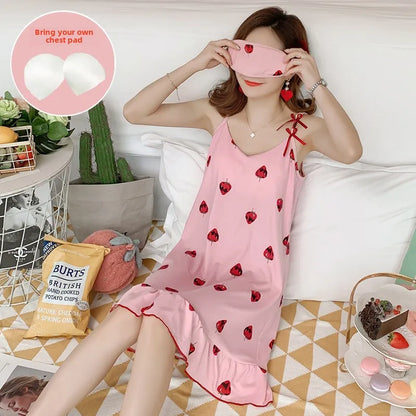 Women’s Cartoon Animal Pajama Set - Cute Loose Sling Nightgown with Bra Pad & Free Eye Mask for Sleepwear