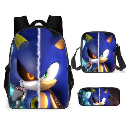 3PC Sonic Backpack School Bag Set – Anime Cartoon Zipper Backpack for Boys & Girls, Primary and Middle School Students