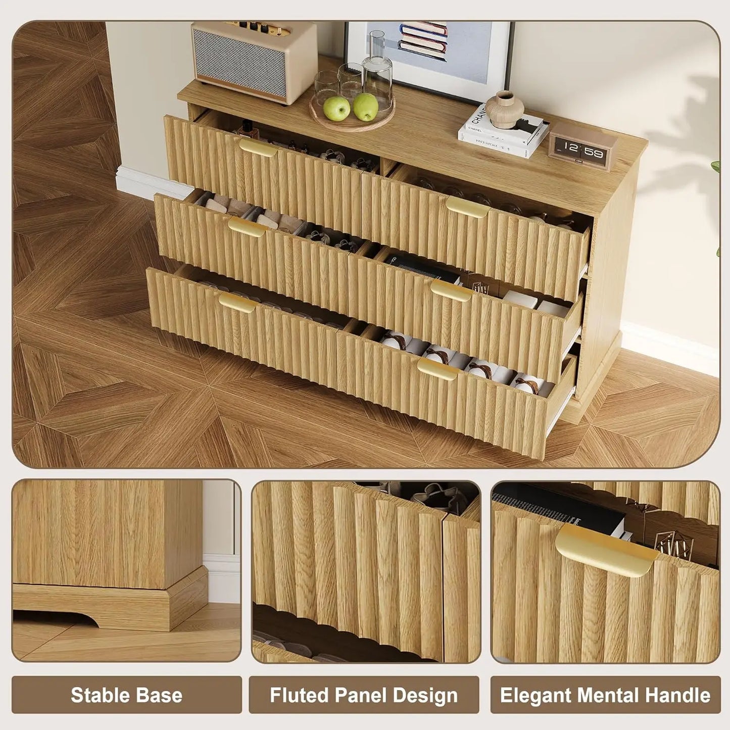 53" 6-Drawer Fluted Wood Dresser – Natural Oak Chest with Metal Handles for Bedroom, Living Room & Entryway Storage (Customizable)