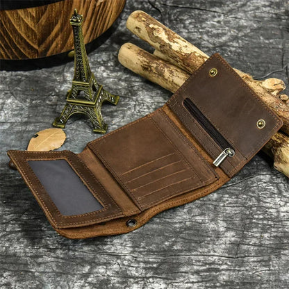 Men's Genuine Leather Short Wallet with Chain – Zipper Clutch, Trifold Purse, Card Holder & Coin Purse for Men