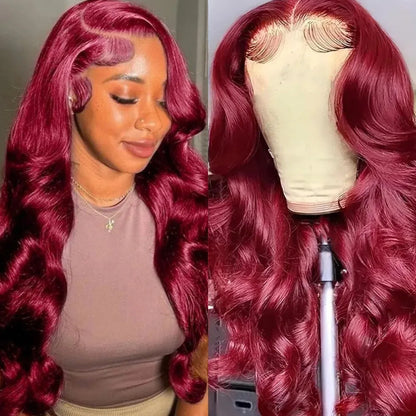 99J Burgundy Lace Frontal Wig – 13x6 Body Wave HD Transparent Lace Front Human Hair, Pre-Plucked 99J Red Color