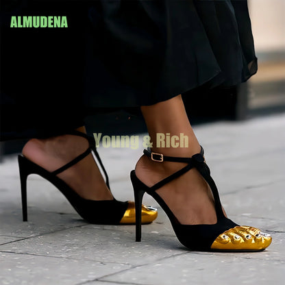 Gold Five-Toe High-Heel Sandals for Women - Slim Ankle Strap Dress Slippers