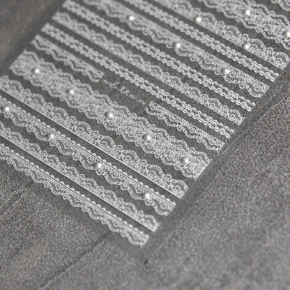 5D Black & White Lace Stripe Nail Art Stickers – Pearl Crystal Diamond Decorative DIY Manicure Design Stickers for Nails