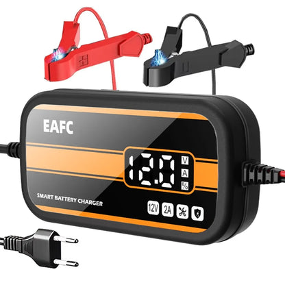12V Smart Car Battery Charger – Digital Display Lead-Acid Battery Maintainer and Repair Charger for Cars, SUVs, and Motorcycles (2Ah–20Ah)