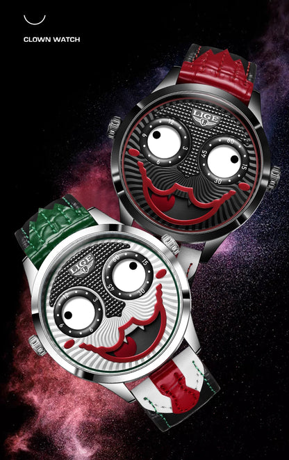 LIGE 2025 Men’s Creative Clown Quartz Watch – Waterproof Leather Strap Joker Fashion Wristwatch