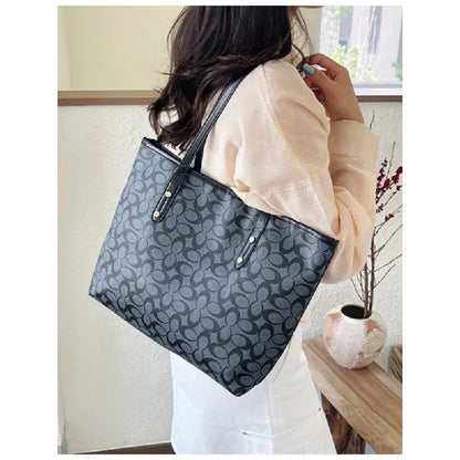 Classic Monogram Tote Bag - Large Capacity Canvas Shoulder Handbag with PU Trim for Women, Work & Shopping