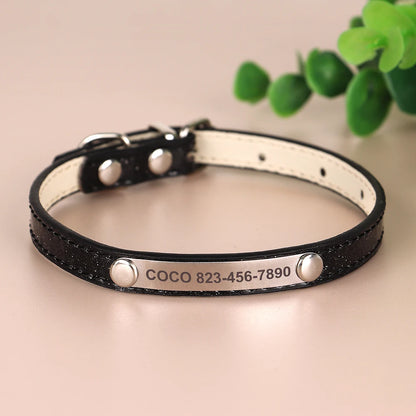 Personalized Cat Collar — Bling PU Leather Adjustable Collar with Custom ID Necklace for Cats, Kittens & Small Dogs