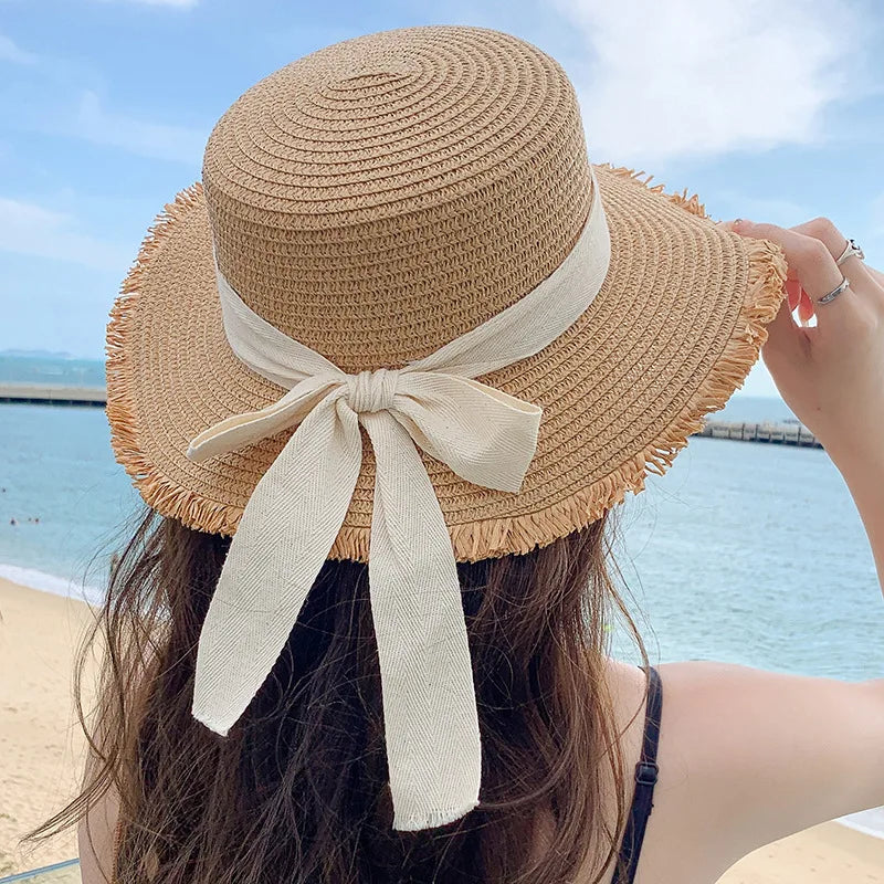Bow Straw Hat for Women – Wide Brim Sun Visor Cap for Beach, Summer Vacation & Outdoor Sun Protection