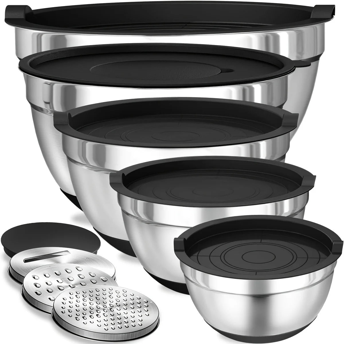 8PCS Stainless Steel Mixing Bowl Set – Airtight Lids, Non-Slip Bottoms, Black Kitchen Bowls for Baking & Serving