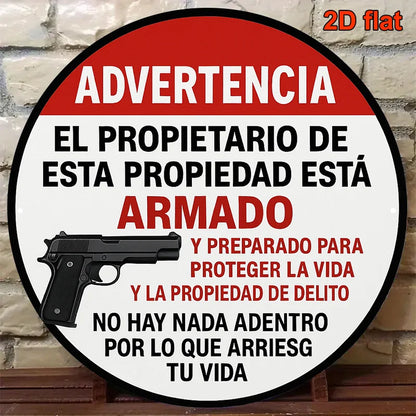 Armed Homeowner Warning Sign - Vintage Round Aluminum Security Plaque in English & Spanish