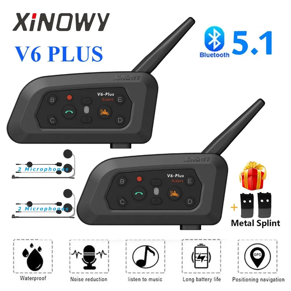 XINOWY V6 Plus Motorcycle Helmet Bluetooth Headset – 1200M Waterproof Intercom Communicator for 6 Riders