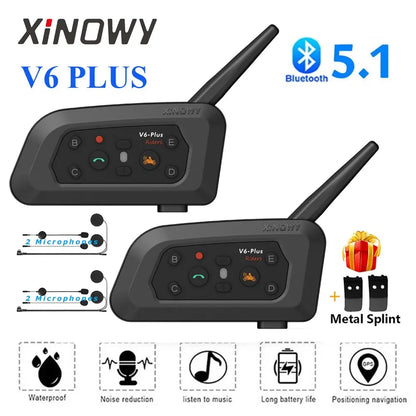 XINOWY V6 Plus Motorcycle Helmet Bluetooth Headset – 1200M Waterproof Intercom Communicator for 6 Riders
