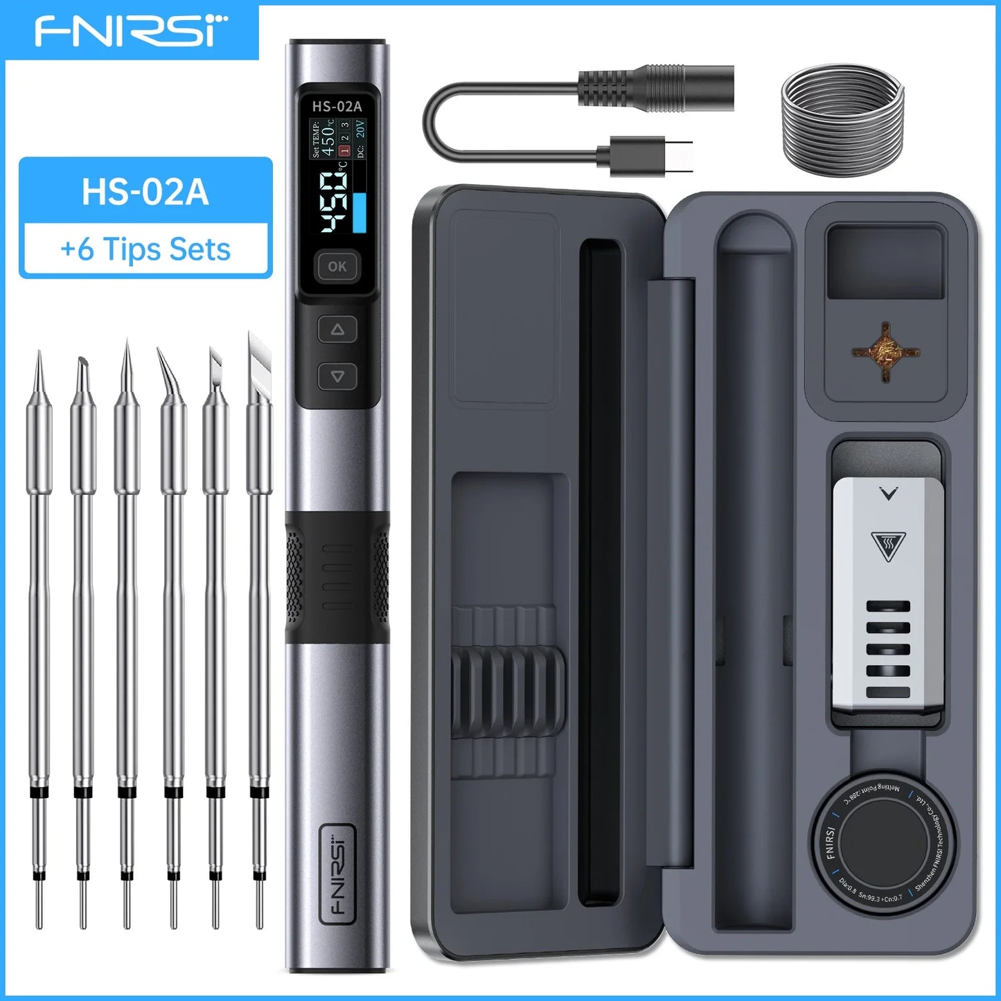 FNIRSI HS-02 Adjustable Temperature Soldering Iron – 20V 100–450℃ 100W Portable Welding & Repair Rework Station Tool