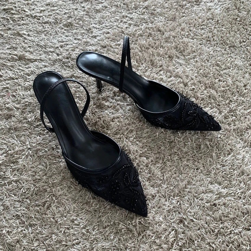 2026 Beaded Mesh Slingback Heels - Women's Pointed Toe Luxury Summer High Heel Sandals