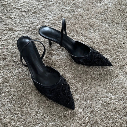 2026 Beaded Mesh Slingback Heels - Women's Pointed Toe Luxury Summer High Heel Sandals