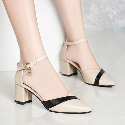 Women’s Elegant White Pearl Buckle Pumps — Square Heel Office & Leisure Shoes