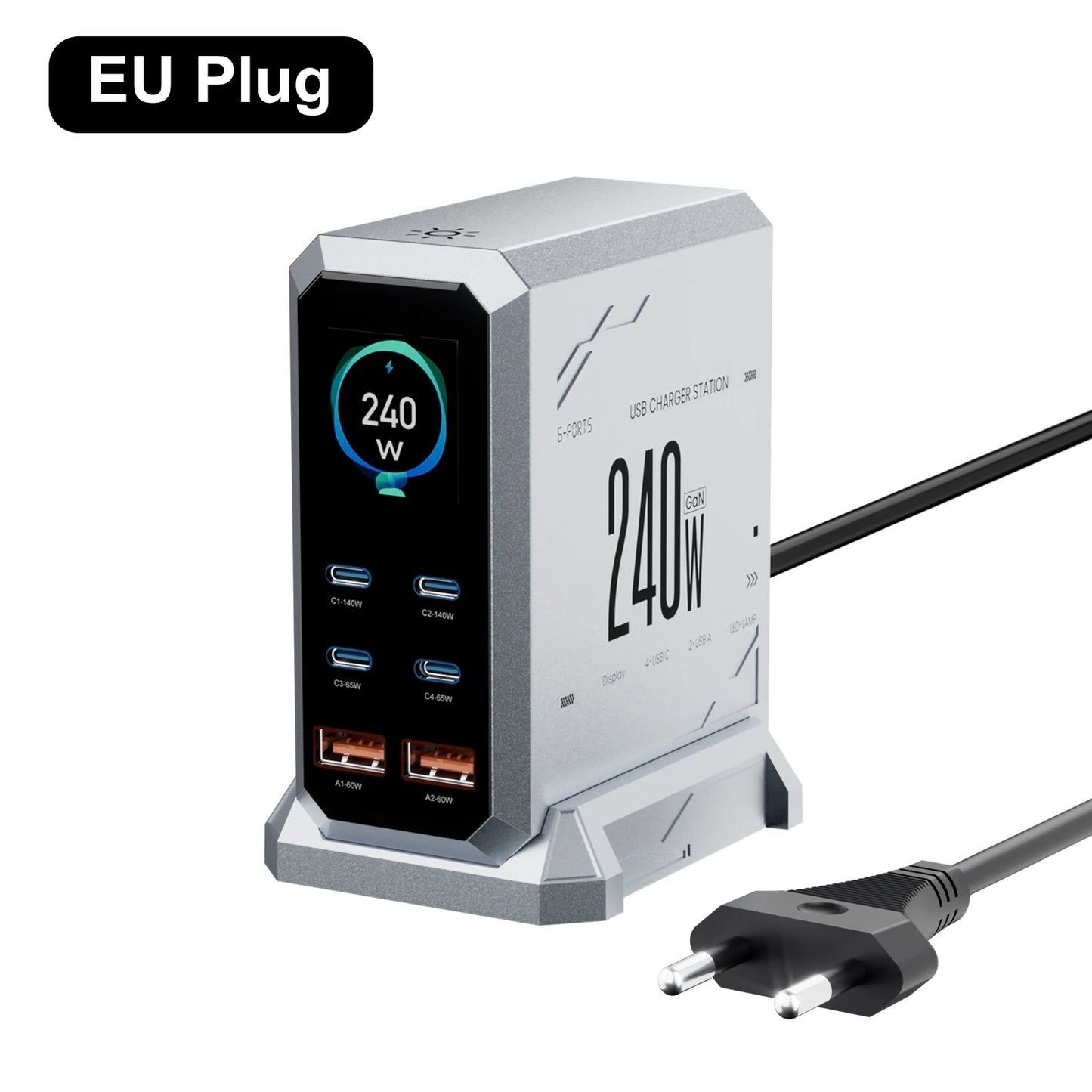 240W GaN Charging Station - 6-in-1 140W PD3.1 PPS USB-C Fast Charger with Digital Display