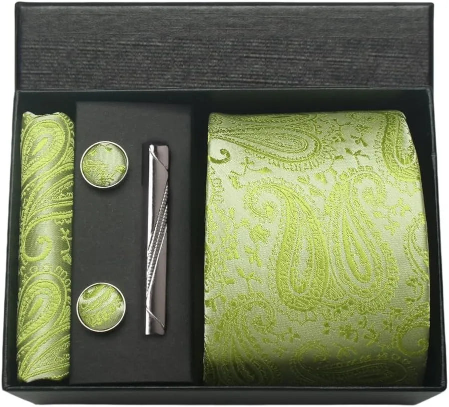 100% Silk Men’s Necktie Set with Paisley Floral Design, Business Tie with Pocket Square, Tie Clip & Cufflinks Gift Box Set for Men