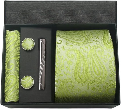 100% Silk Men’s Necktie Set with Paisley Floral Design, Business Tie with Pocket Square, Tie Clip & Cufflinks Gift Box Set for Men