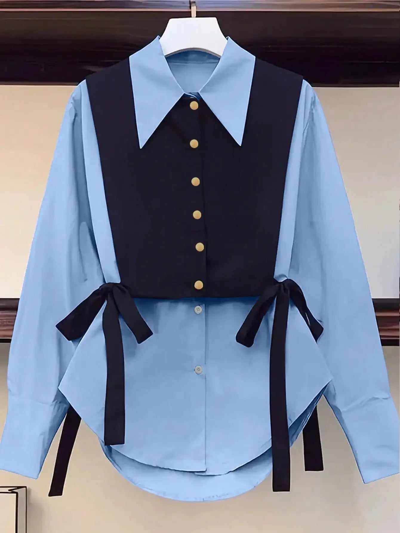 Women’s Colorblock Button-Front Shirt – Loose Fit Blouse with Tie Detail