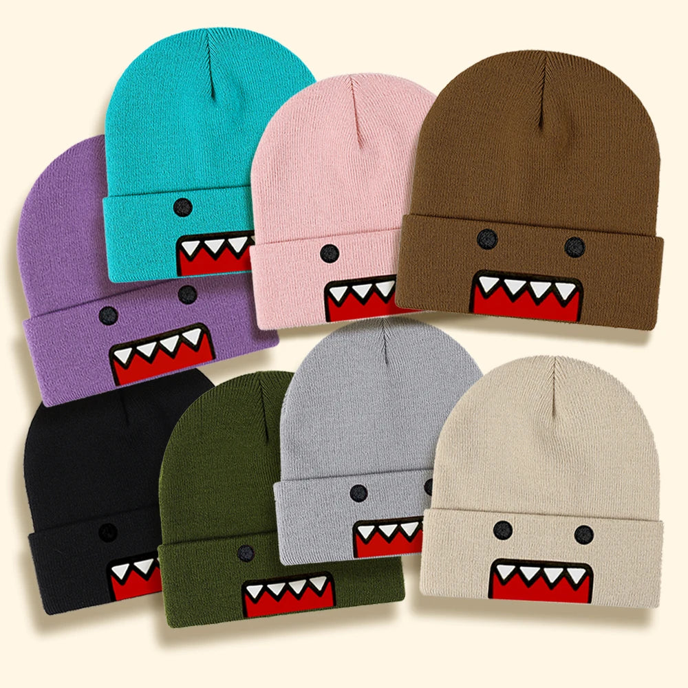 Domo-Kun Embroidered Knit Beanie - Warm Windproof Unisex Winter Hat with Casual Hip-Hop Style