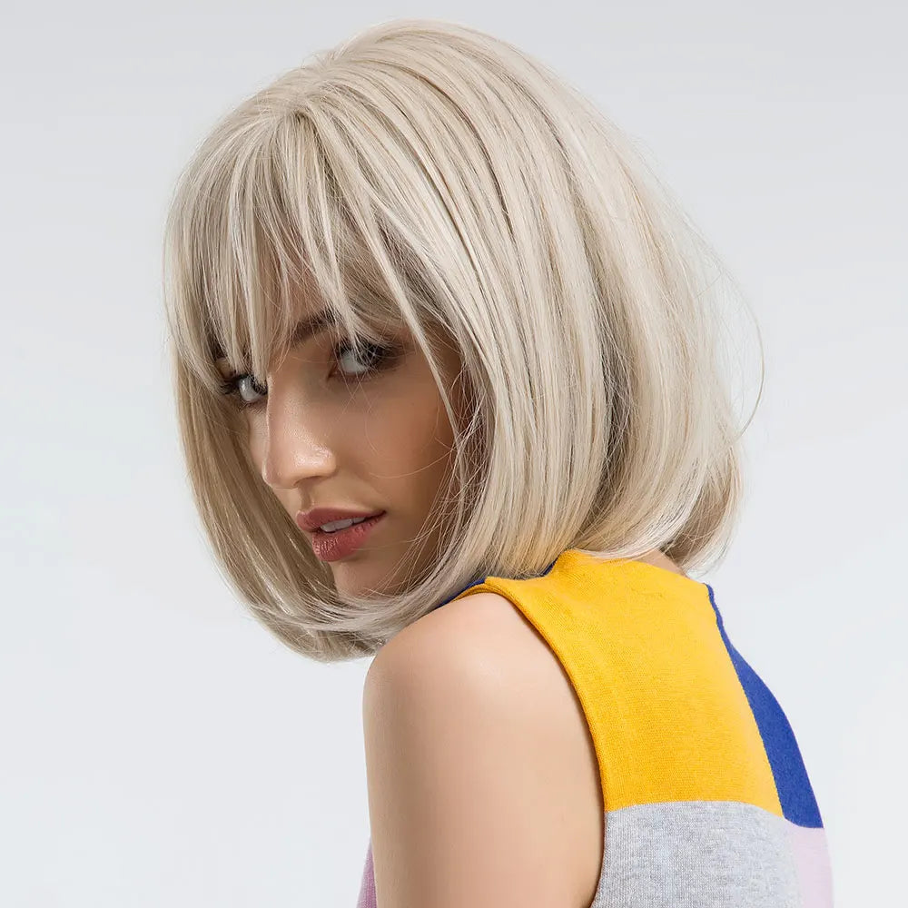 Short Bob Platinum Blonde Wig with Bangs – Synthetic Straight Hair, Heat-Resistant Wig for White Women, Daily & Party Wear