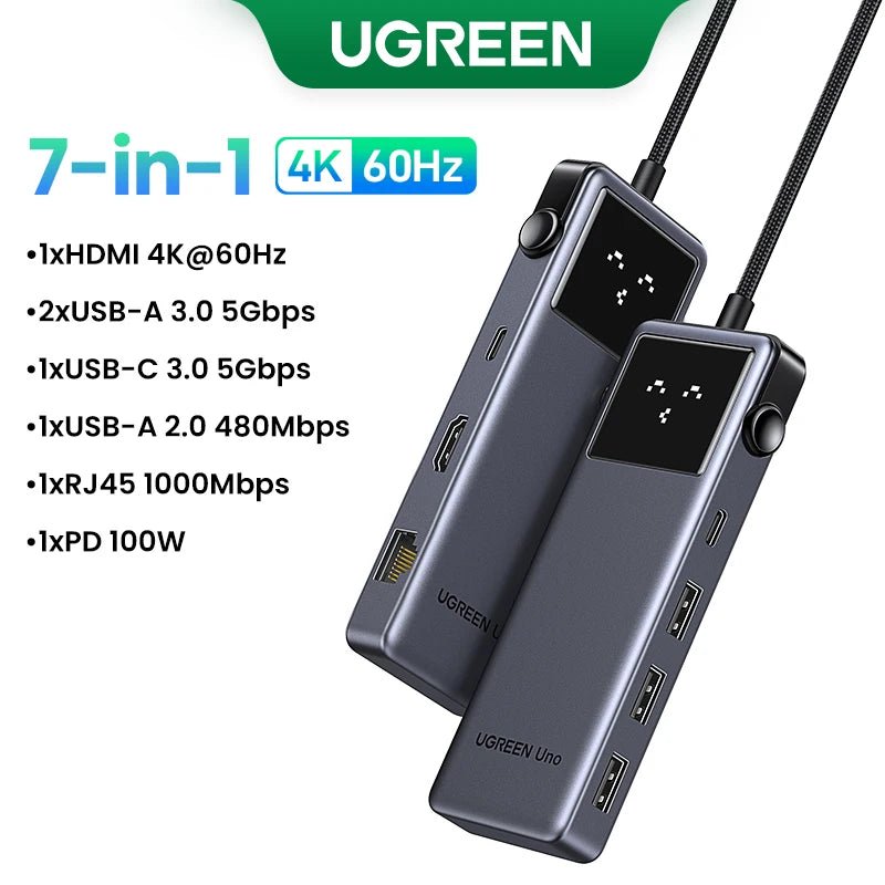 UGREEN 7-in-1 USB-C Hub – 4K HDMI, USB 3.0, RJ45 Gigabit Ethernet Docking Station for MacBook & Laptops