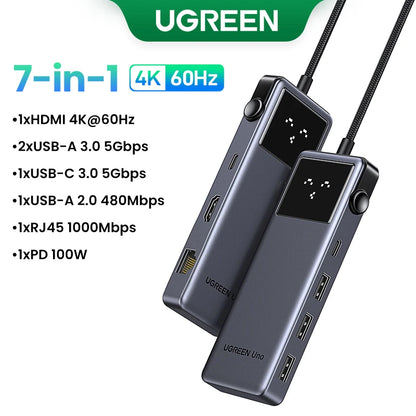 UGREEN 7-in-1 USB-C Hub – 4K HDMI, USB 3.0, RJ45 Gigabit Ethernet Docking Station for MacBook & Laptops