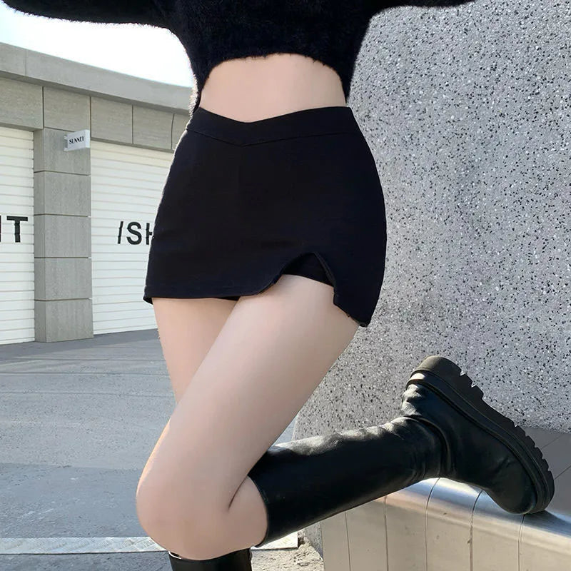 Black Split Mini Skirts: Summer Sexy High Waist Club Skirt - Korean Streetwear Fashion Irregular Slim A-Line Skirt for Women