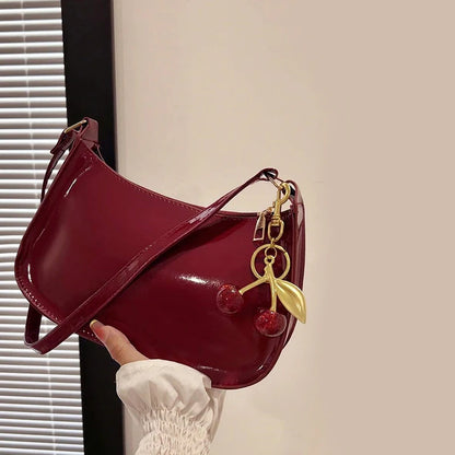 Women's PU Leather Shoulder Handbag – Solid Color Versatile Underarm Bag with Cherry Pendant Casual Commuting Purse