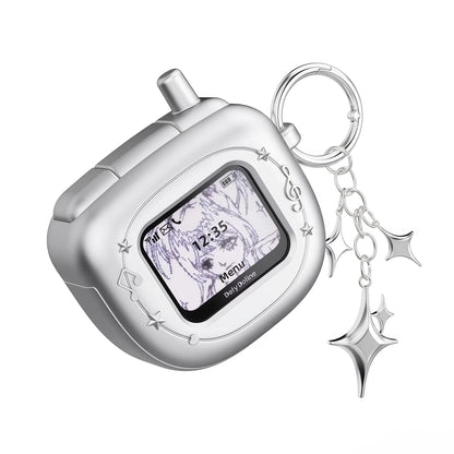 Retro Flip Phone AirPods Case - Y2K Matte Silver Earbuds Cover with Pendant Charm