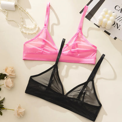 Sheer Mesh Triangle Bra Set - Ultra-Thin Transparent Lingerie with Double Shoulder Straps