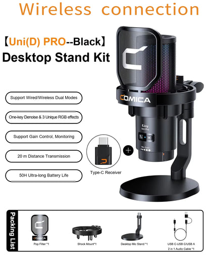 COMICA Uni Pro Wireless USB Gaming Microphone – Noise-Canceling Condenser Mic with RGB Lights for PC, Laptop & Smartphone