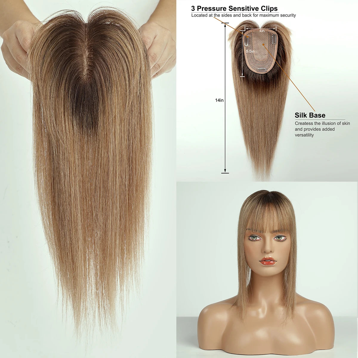 Straight Ombre Brown Remy Human Hair Topper – 100% Silk Base Clip-in Wig with Bangs, Hair Extension for Women